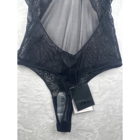 Zara Womens Black Sheer Lace Bodysuit With Adjustable Straps Size Small NWT - Picture 4 of 16